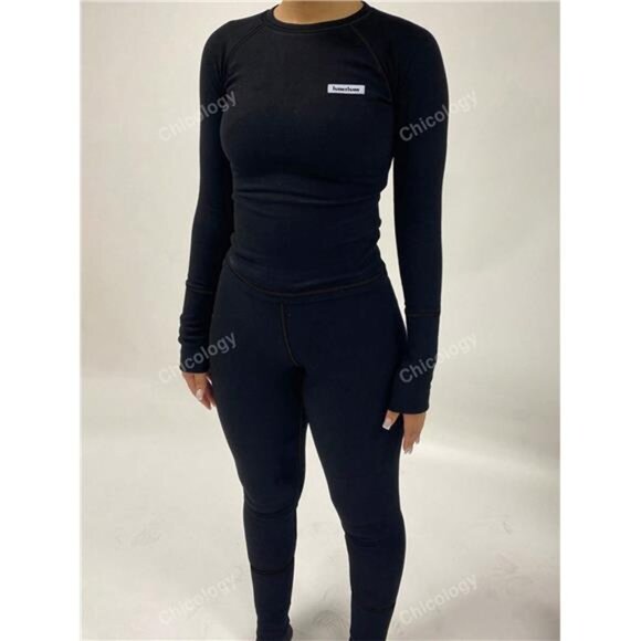 Letter Embellished Raglan Sleeve Long Sleeve Bodycon Top And Leggings Set - Picture 1 of 4